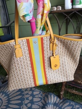 Tory Burch Yellow Stripe Logo Canvas Tote with Multicolor Center Stripe